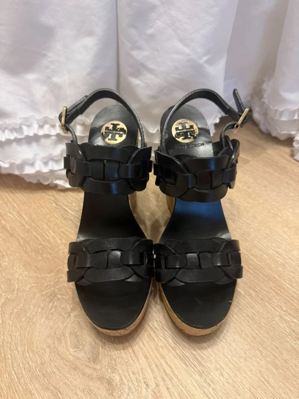 Tory Burch Black Leather Wedge Sandals Cork Heels 7.5 M